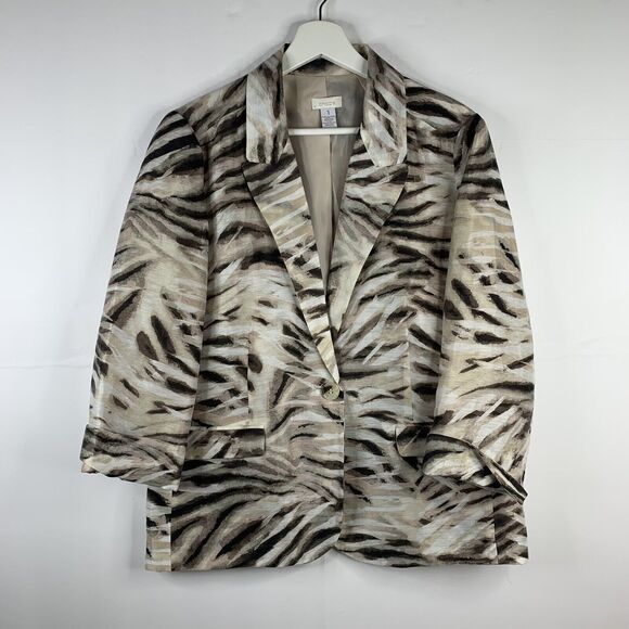 Chico’s Size 1 M Blazer Linen Blend Animal Print Long Sleeve Neutral Jacket Tan - Picture 2 of 9